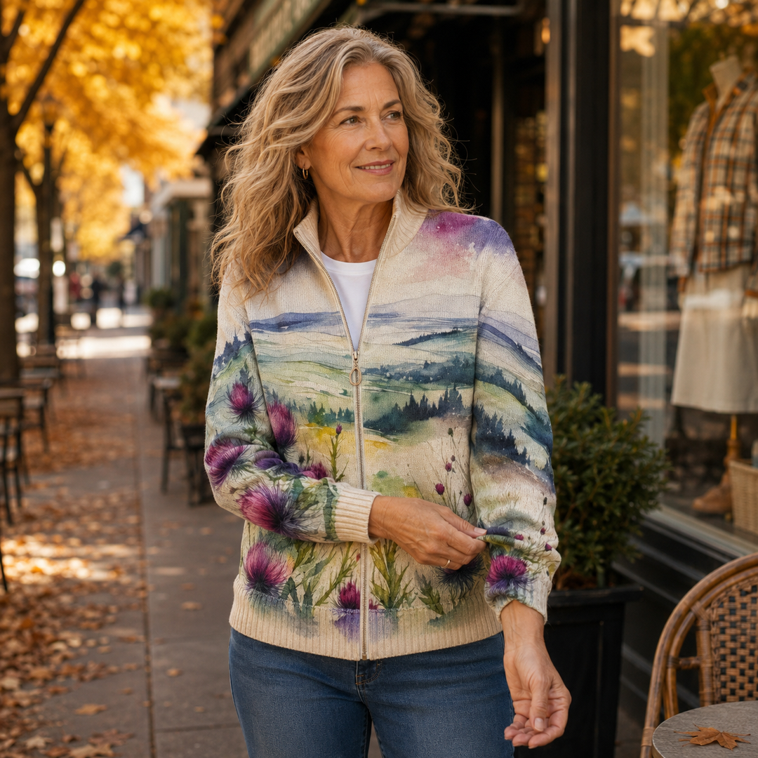 Marlowe | Cardigan Donna con Zip e Fiori di Cardo