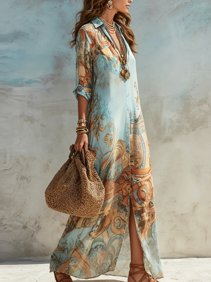 ABITO MAXI BLU BAROCCO CON FIORI
