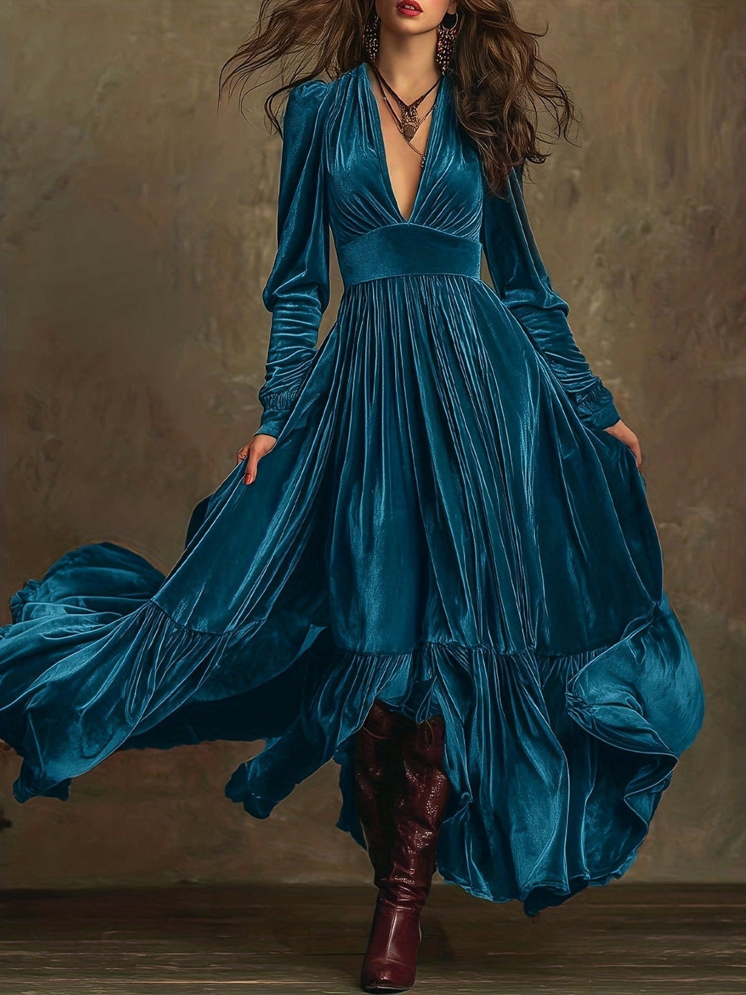 SERAFINA | ABITO LUNGO RETRÒ OVERSIZE CON SCOLLO A V PROFONDO