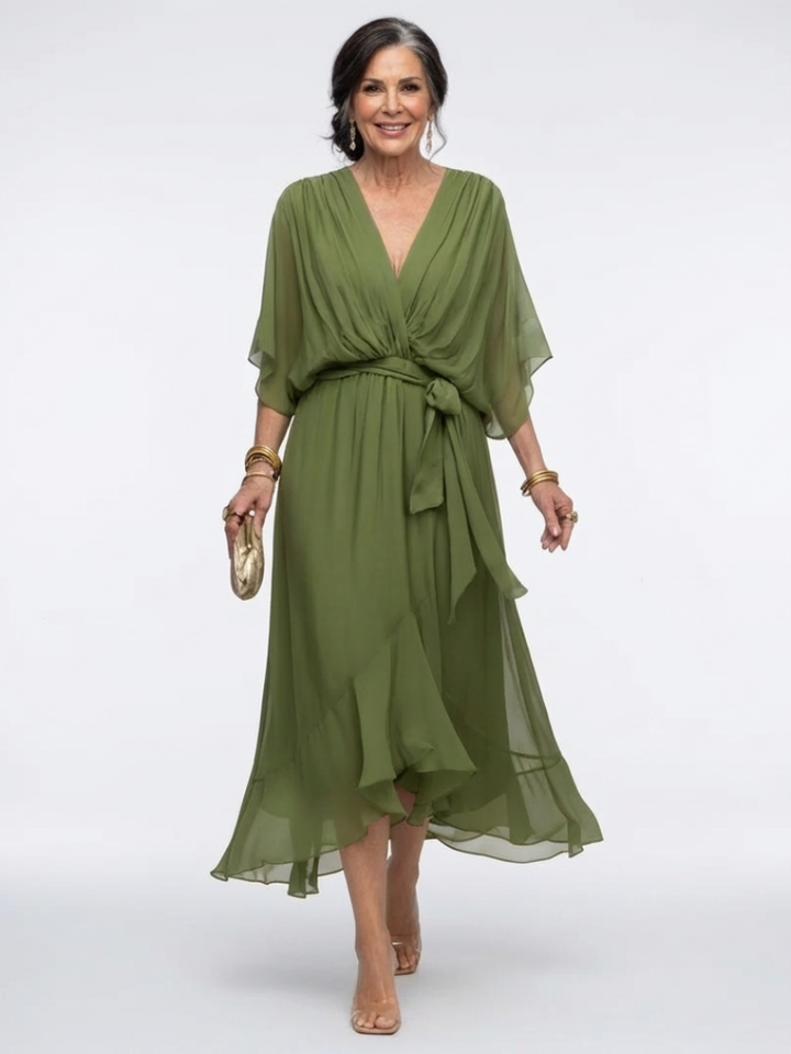 Elysia | Abito Midi con Scollo a V e Cintura Drappeggiata
