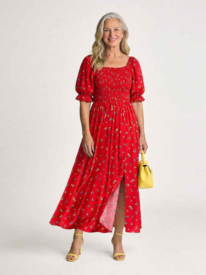 Delphine | Abito Midi Floreale con Scollo Quadrato