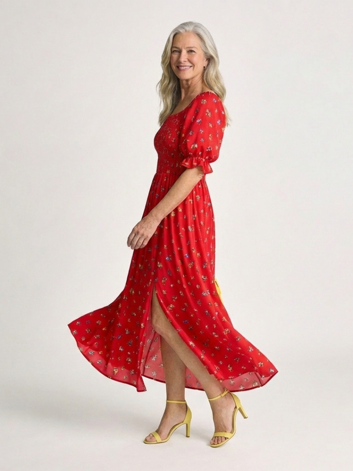 Delphine | Abito Midi Floreale con Scollo Quadrato