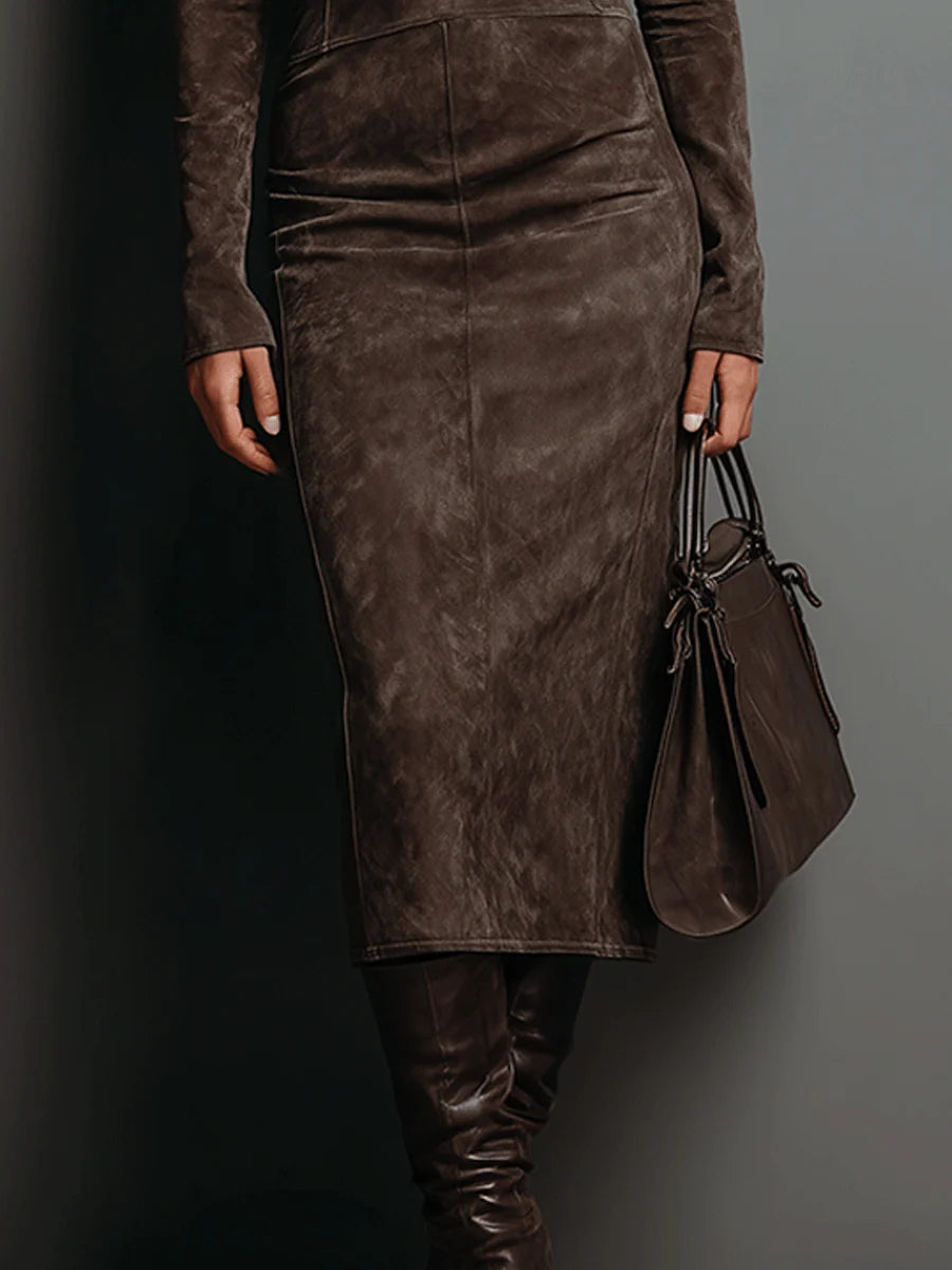 SERAPHINA | ABITO MIDI IN CAMOSCIO A COLLO ALTO
