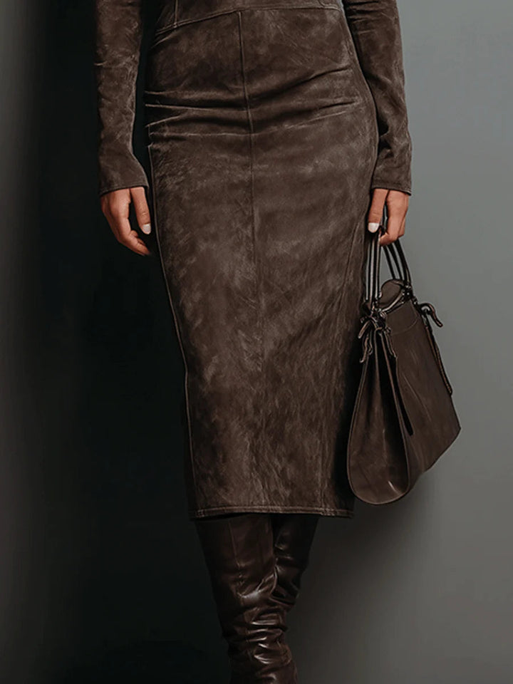 SERAPHINA | ABITO MIDI IN CAMOSCIO A COLLO ALTO