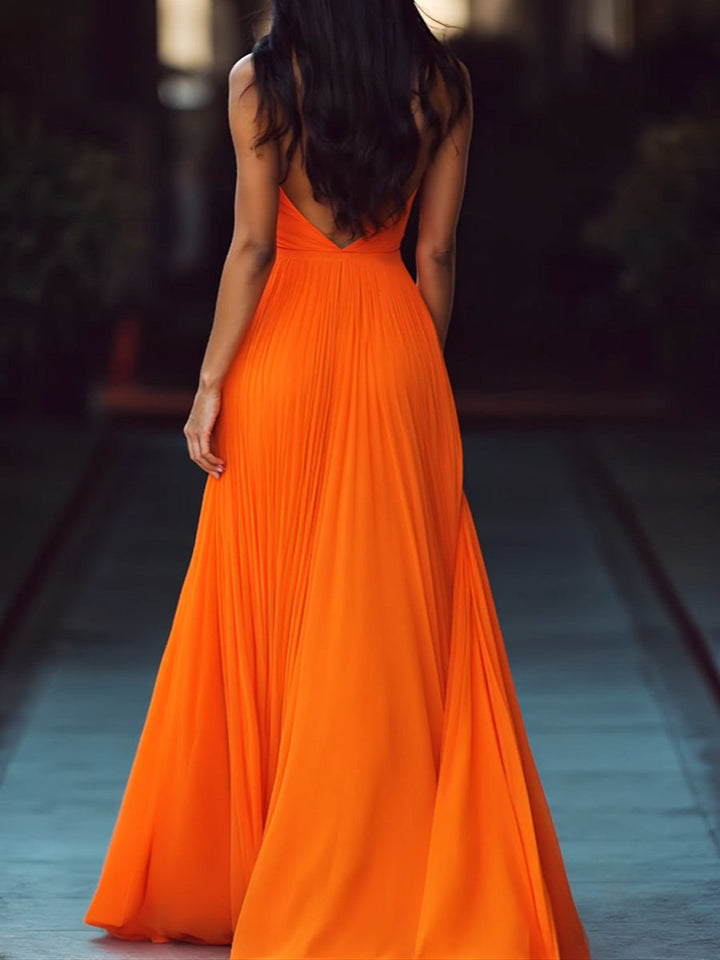 Vesperina | Abito Maxi Plissettato con Scollo a V e Spalle Scoperte