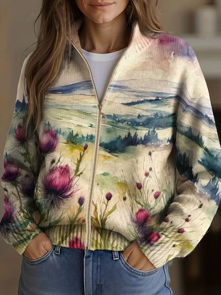 Marlowe | Cardigan Donna con Zip e Fiori di Cardo