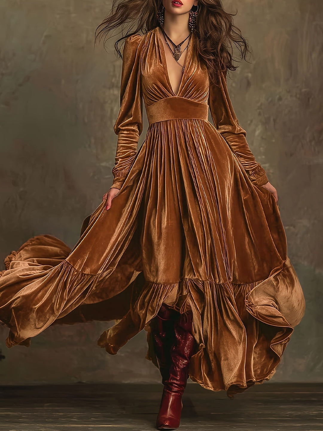 SERAFINA | ABITO LUNGO RETRÒ OVERSIZE CON SCOLLO A V PROFONDO