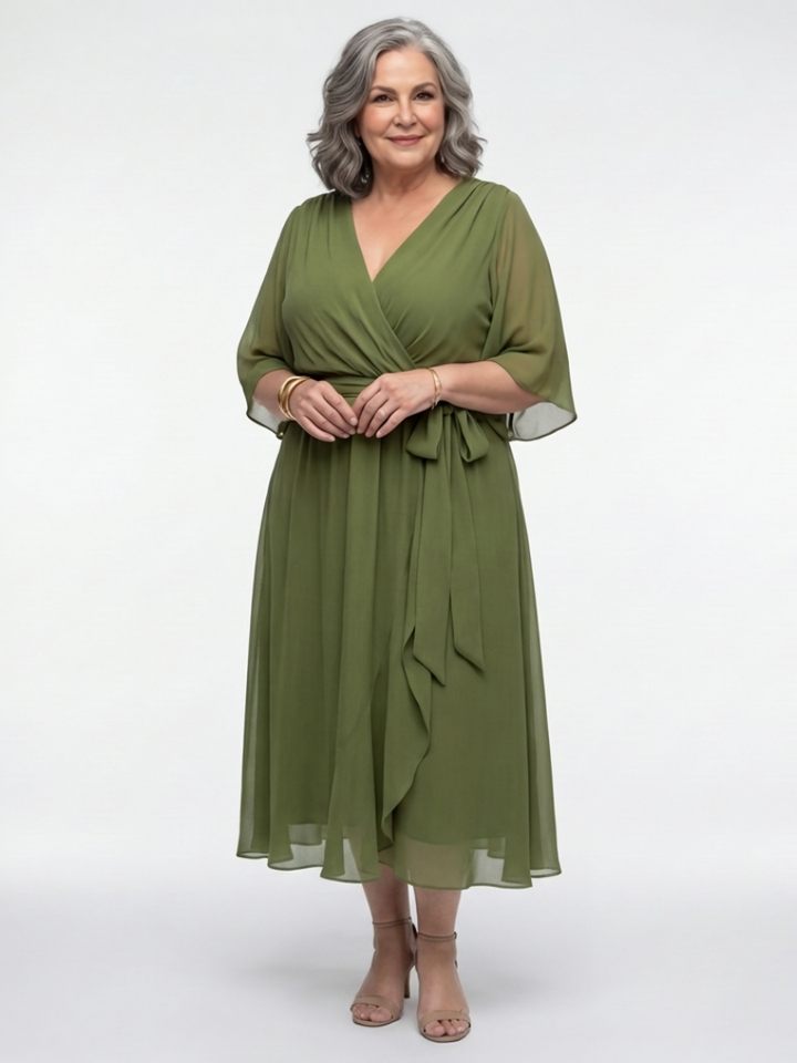 Elysia | Abito Midi con Scollo a V e Cintura Drappeggiata