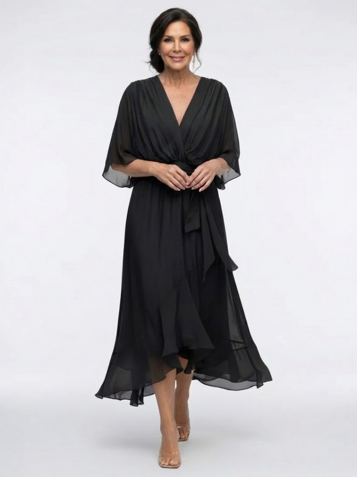 Elysia | Abito Midi con Scollo a V e Cintura Drappeggiata