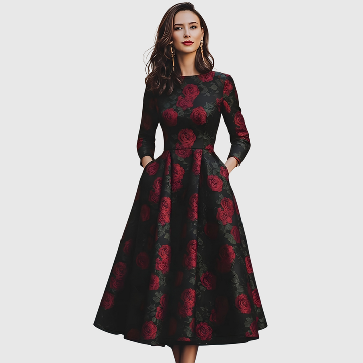 LILLA | ABITO MAXI VINTAGE A LINEA AD A CON STAMPA FLOREALE