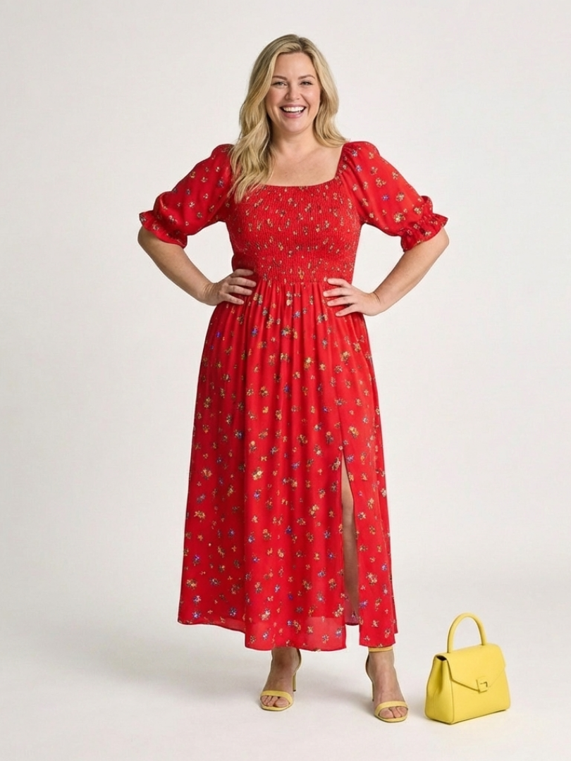 Delphine | Abito Midi Floreale con Scollo Quadrato