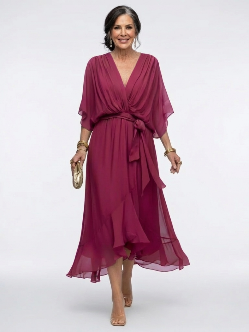 Elysia | Abito Midi con Scollo a V e Cintura Drappeggiata