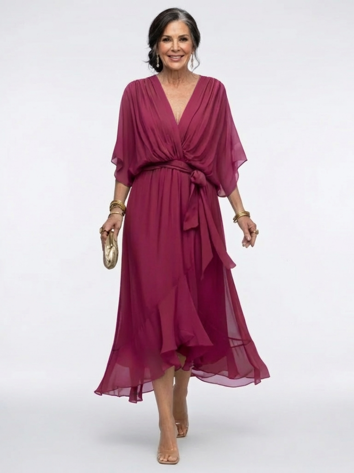 Elysia | Abito Midi con Scollo a V e Cintura Drappeggiata