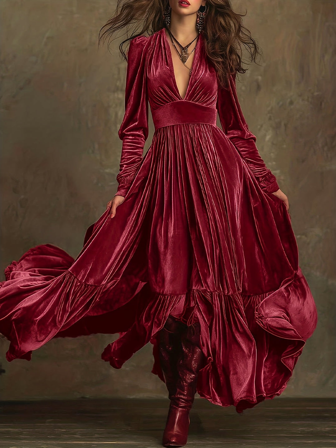 SERAFINA | ABITO LUNGO RETRÒ OVERSIZE CON SCOLLO A V PROFONDO