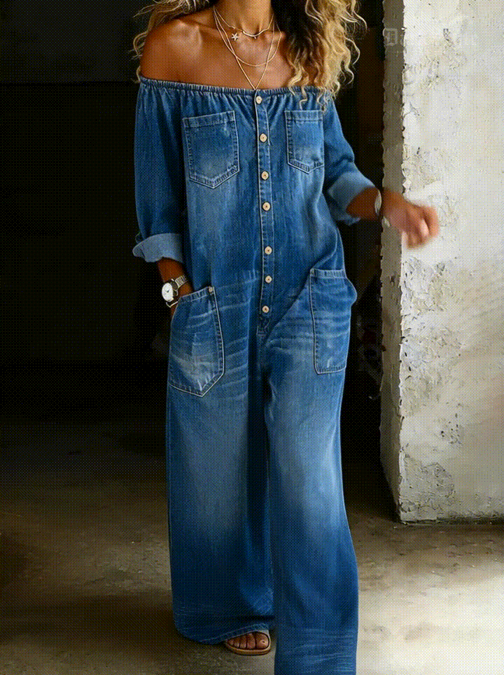 ELENA | TUTA LUNGA IN DENIM A SPALLE SCOPERTE