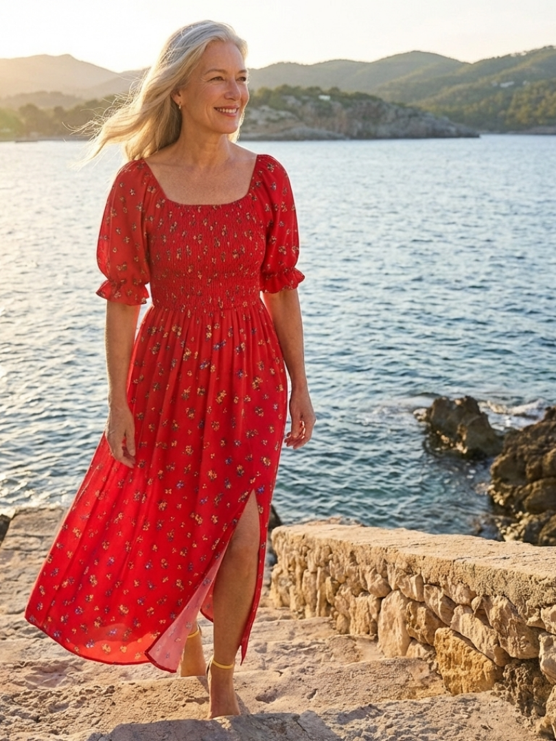 Delphine | Abito Midi Floreale con Scollo Quadrato
