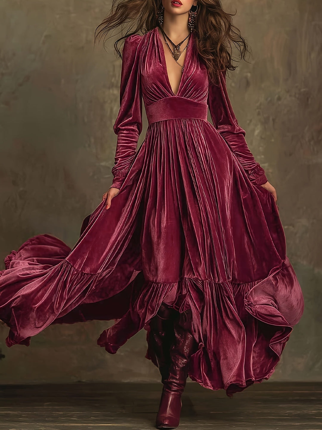SERAFINA | ABITO LUNGO RETRÒ OVERSIZE CON SCOLLO A V PROFONDO