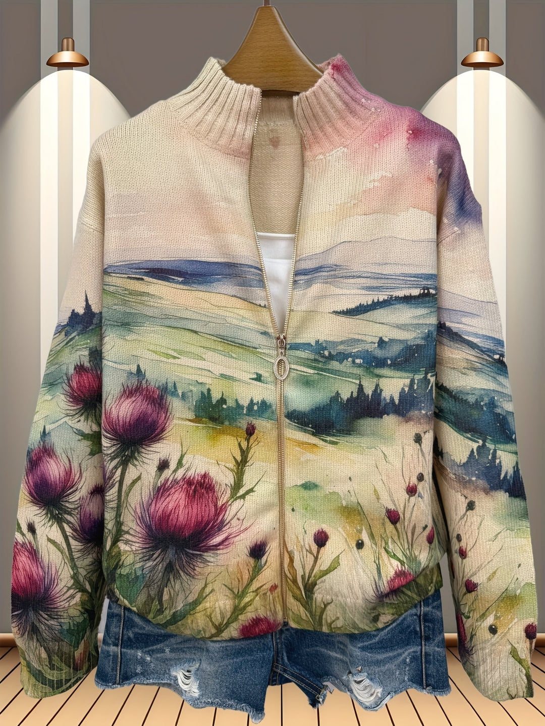 Marlowe | Cardigan Donna con Zip e Fiori di Cardo