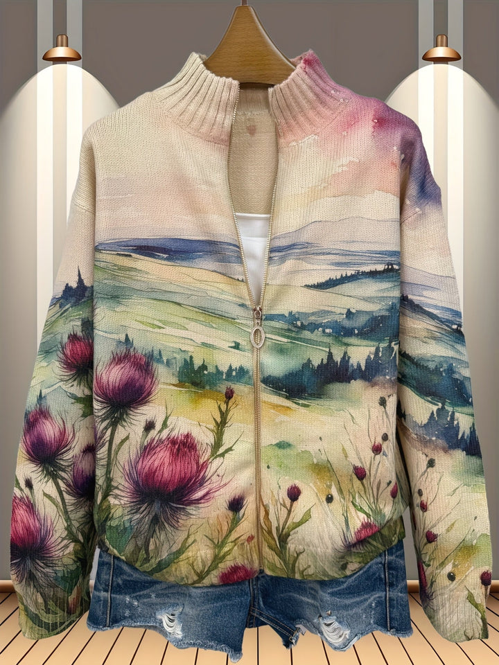 Marlowe | Cardigan Donna con Zip e Fiori di Cardo