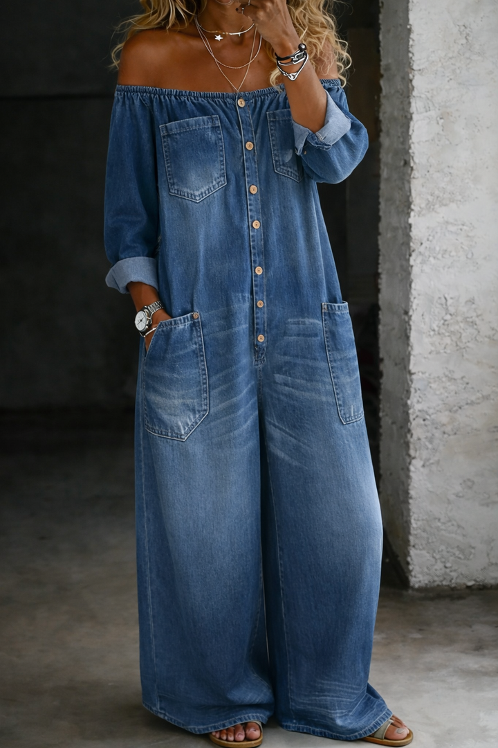 ELENA | TUTA LUNGA IN DENIM A SPALLE SCOPERTE