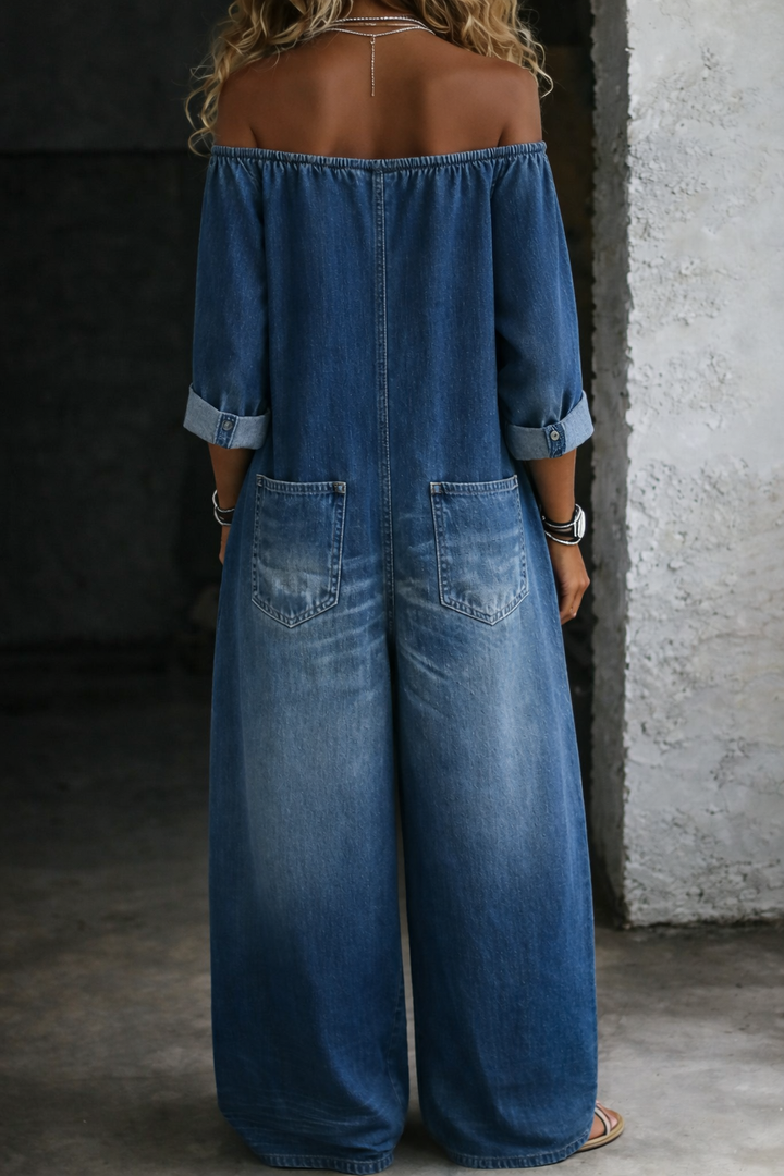 ELENA | TUTA LUNGA IN DENIM A SPALLE SCOPERTE
