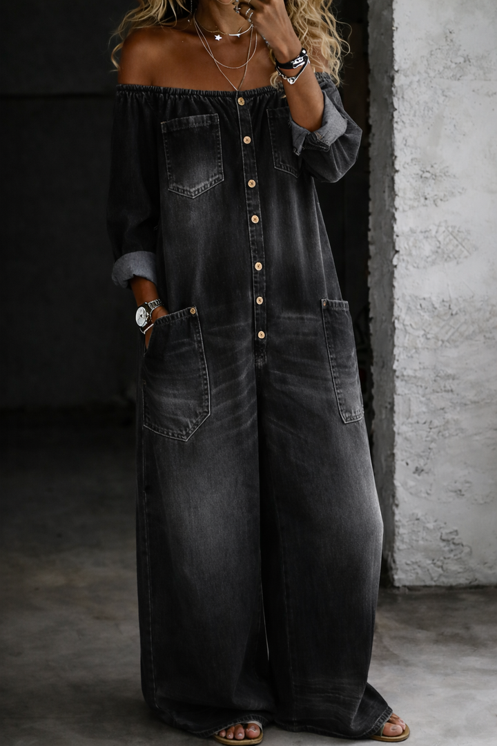 ELENA | TUTA LUNGA IN DENIM A SPALLE SCOPERTE