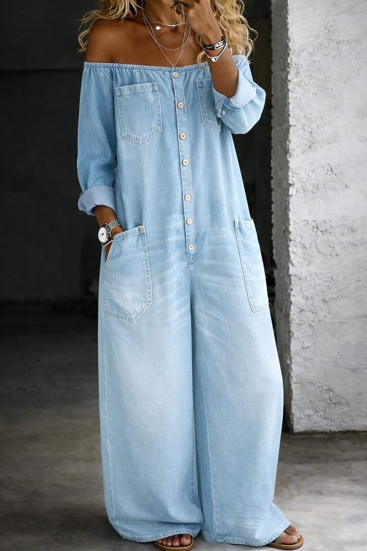 ELENA | TUTA LUNGA IN DENIM A SPALLE SCOPERTE