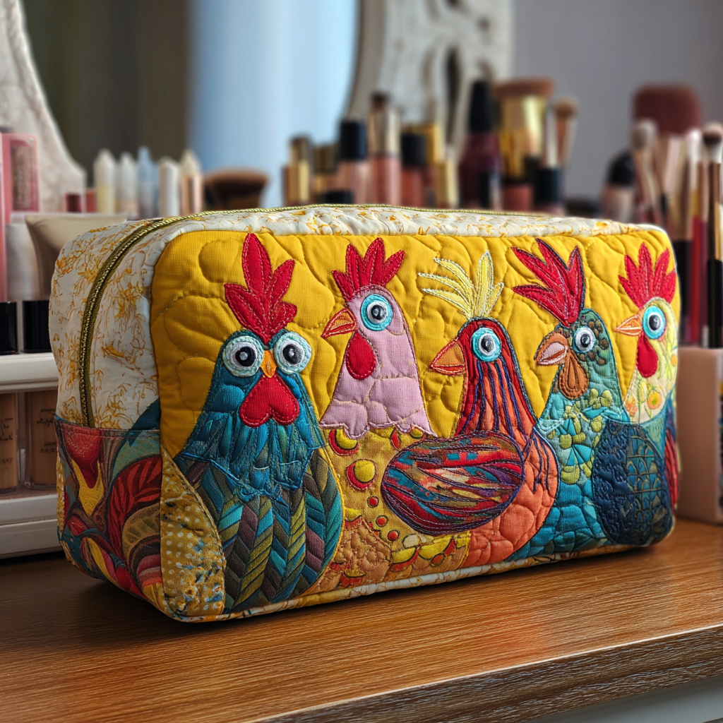 Beauty case trapuntato con galline nel prato NCU0DK10289