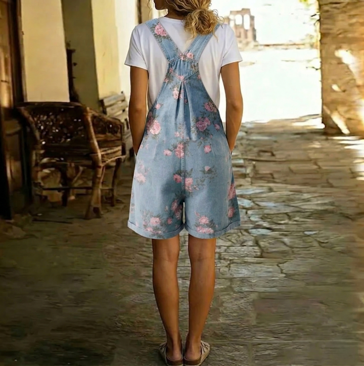 JUDY | SALOPETTE FLOREALE IN DENIM LAVATO