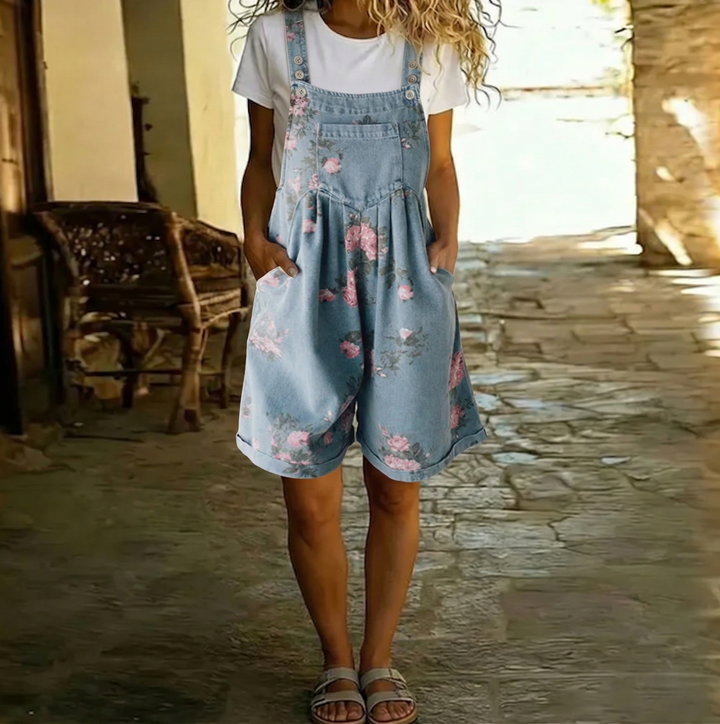 JUDY | SALOPETTE FLOREALE IN DENIM LAVATO