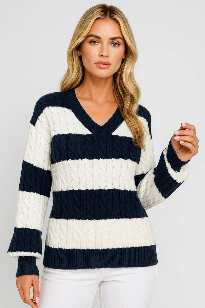 MIRELLE | MAGLIONE A RIGHE CON COLLO A V IN MAGLIA CABELLO