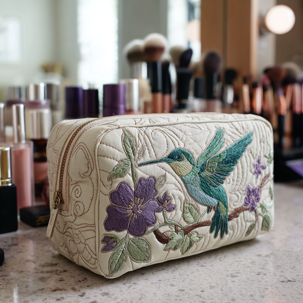 Beauty case trapuntato con colibrì e fiori NCU0DK10213