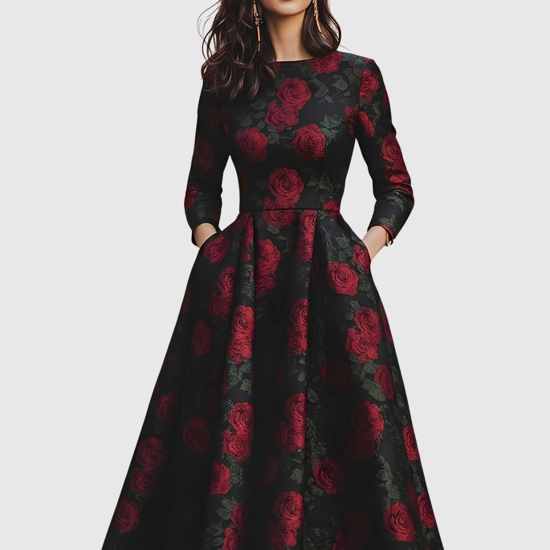 LILLA | ABITO MAXI VINTAGE A LINEA AD A CON STAMPA FLOREALE
