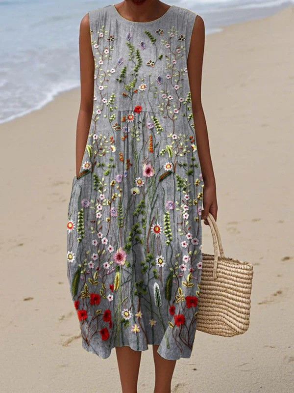 Abito Midi Senza Maniche con Fiori Selvatici