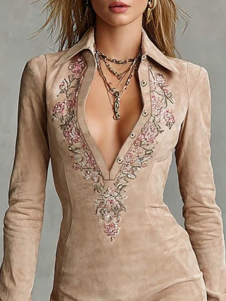 ARAWEN | ABITO MIDI IN CAMOSCIO BEIGE CON RICAMI FLOREALI
