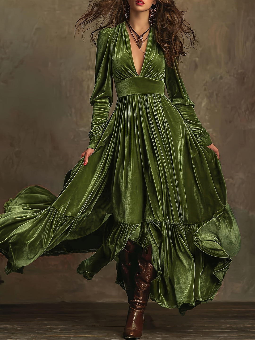 SERAFINA | ABITO LUNGO RETRÒ OVERSIZE CON SCOLLO A V PROFONDO
