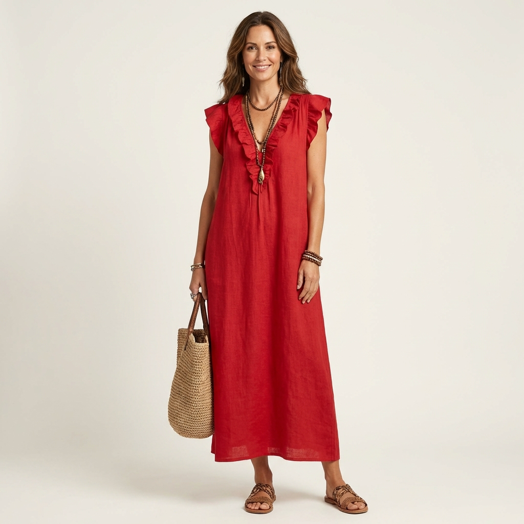 Josette | Abito Maxi in Lino con Rouches e Scollatura a V