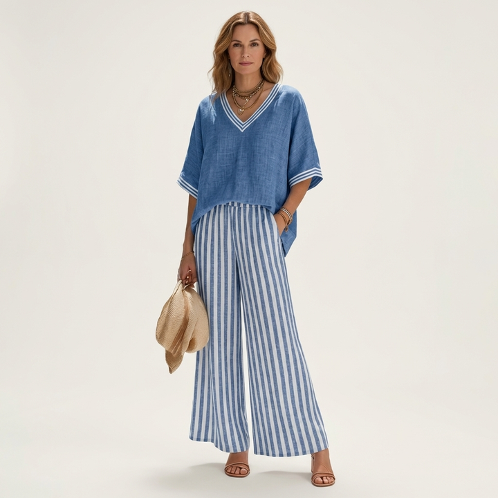 Juliana | Top Varsity a V e Set con Pantaloni a Gamba Larga a Strisce