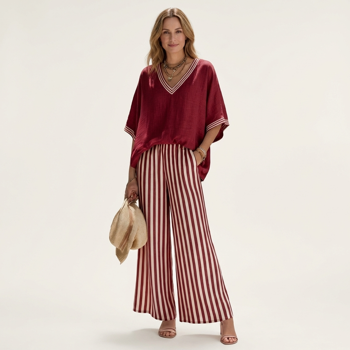 Juliana | Top Varsity a V e Set con Pantaloni a Gamba Larga a Strisce
