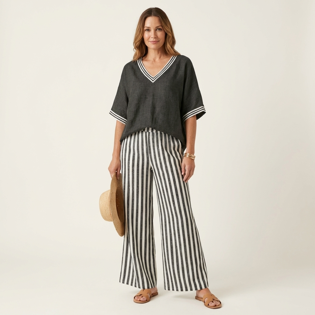 Juliana | Top Varsity a V e Set con Pantaloni a Gamba Larga a Strisce
