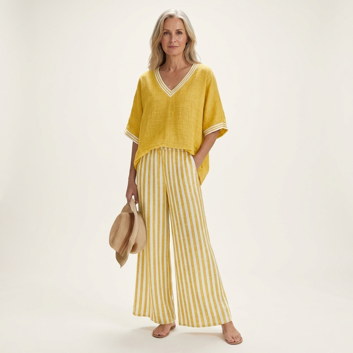 Juliana | Top Varsity a V e Set con Pantaloni a Gamba Larga a Strisce
