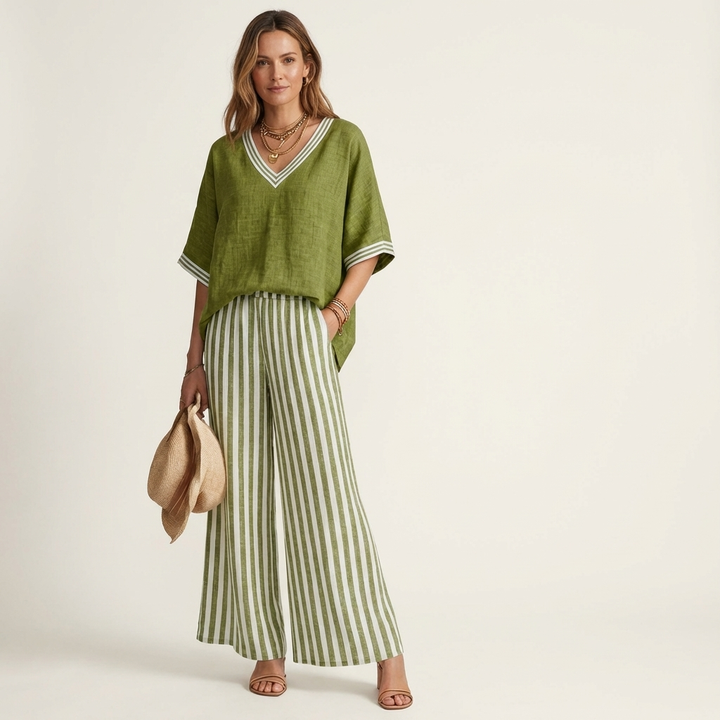 Juliana | Top Varsity a V e Set con Pantaloni a Gamba Larga a Strisce