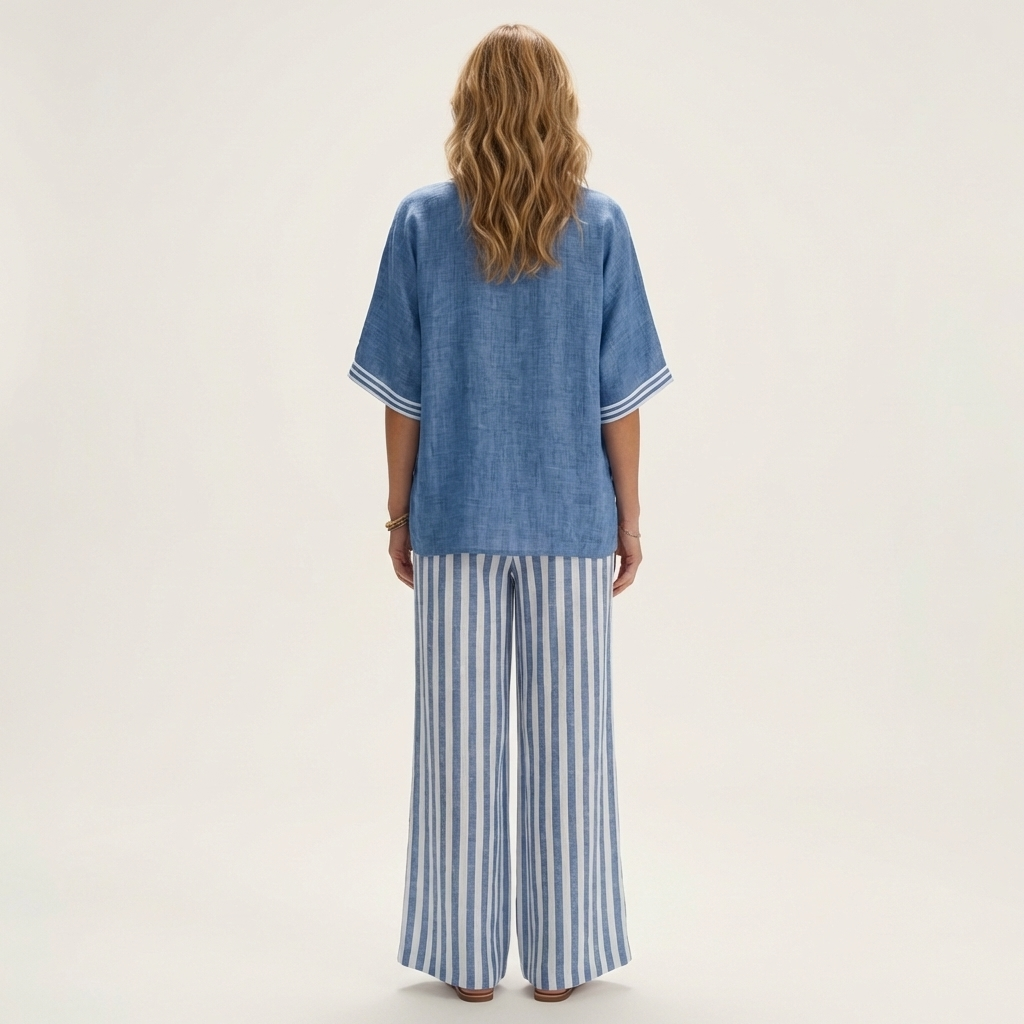 Juliana | Top Varsity a V e Set con Pantaloni a Gamba Larga a Strisce