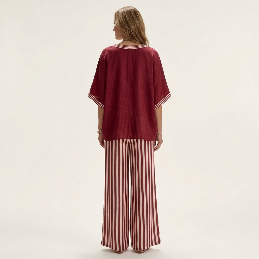 Juliana | Top Varsity a V e Set con Pantaloni a Gamba Larga a Strisce