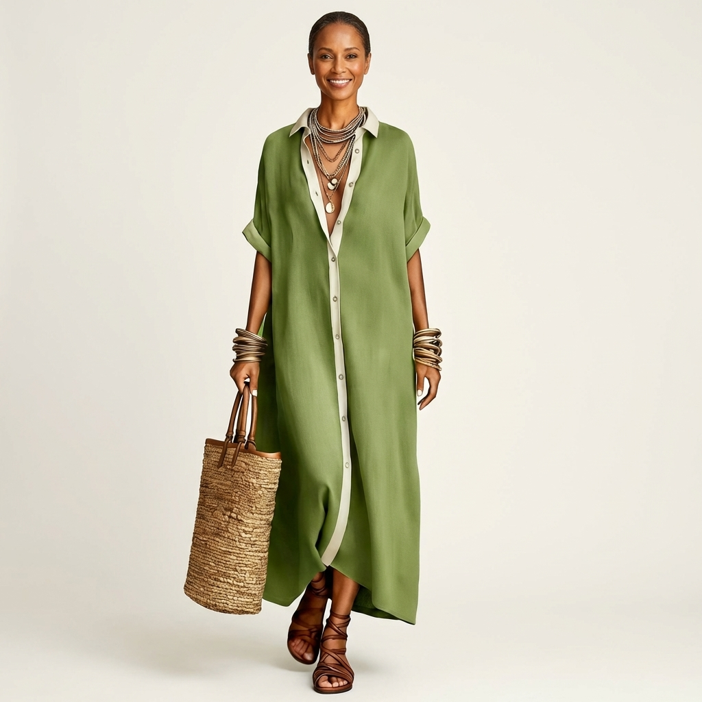 Kamira | Abito Camicia Maxi con Collo a Contrasto e Maniche Corte