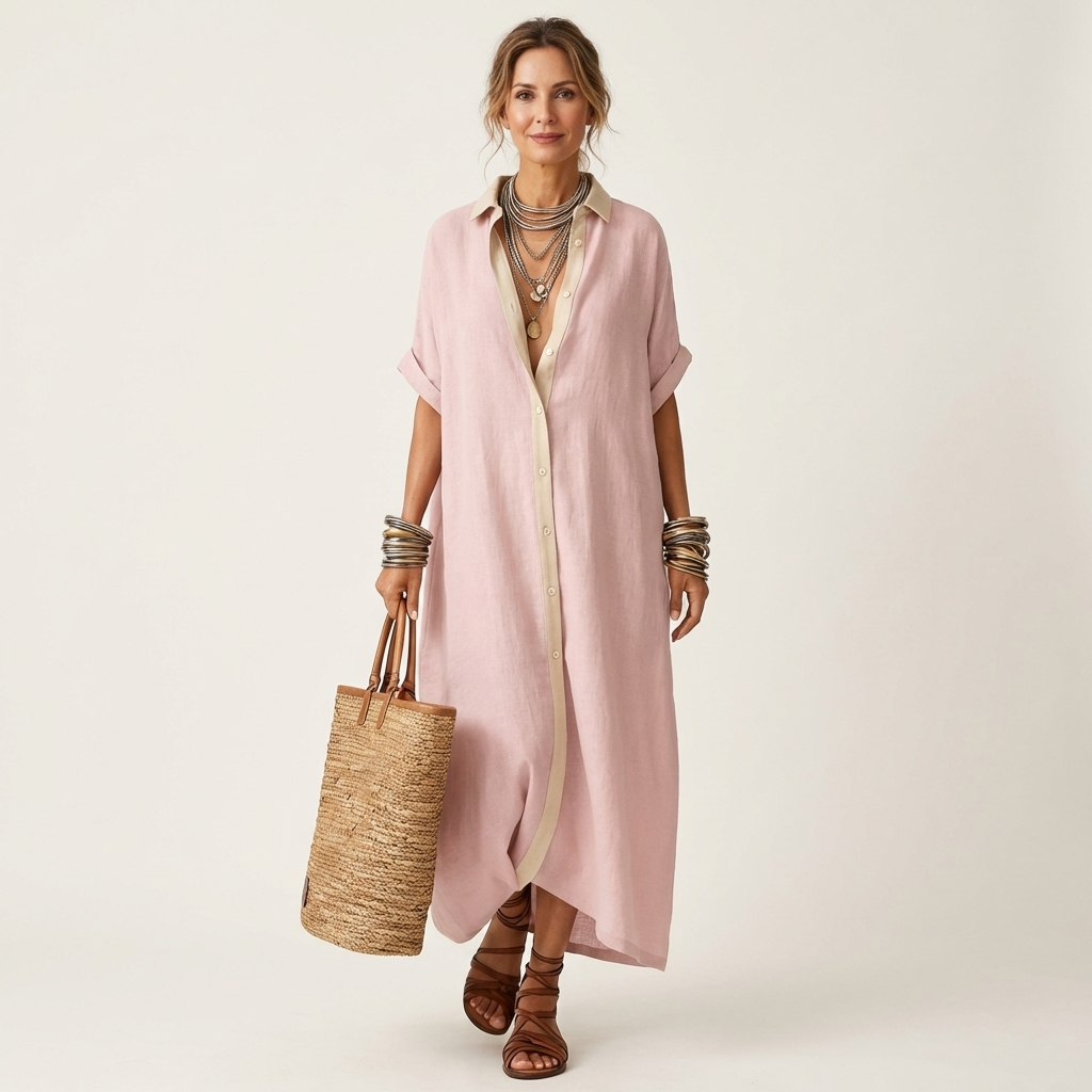 Kamira | Abito Camicia Maxi con Collo a Contrasto e Maniche Corte