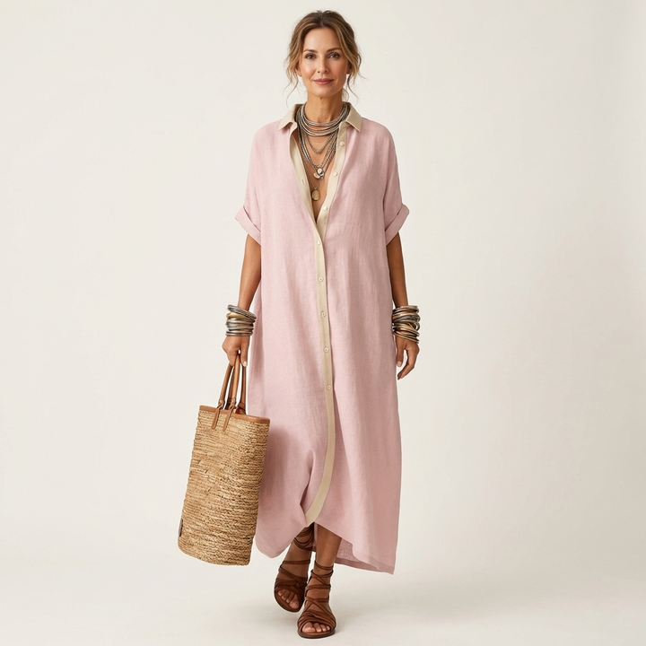 Kamira | Abito Camicia Maxi con Collo a Contrasto e Maniche Corte