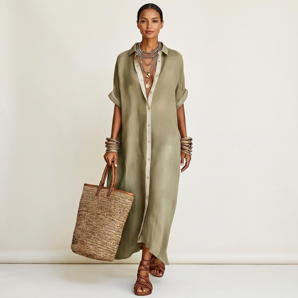 Kamira | Abito Camicia Maxi con Collo a Contrasto e Maniche Corte