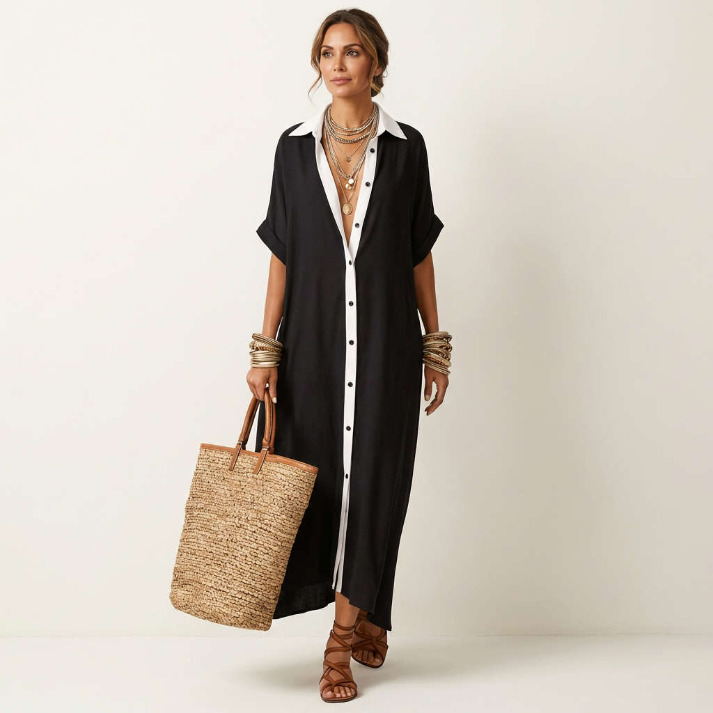 Kamira | Abito Camicia Maxi con Collo a Contrasto e Maniche Corte