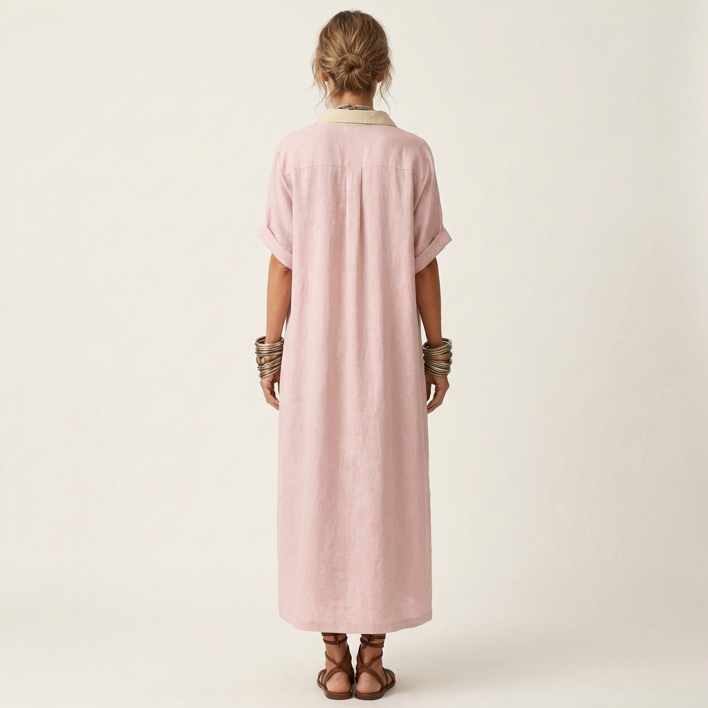 Kamira | Abito Camicia Maxi con Collo a Contrasto e Maniche Corte